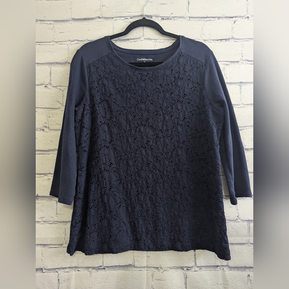 Croft & Barrow Shirt 3/4 Sleeve Navy Blue Eyelet Lace Top Women's Size Large